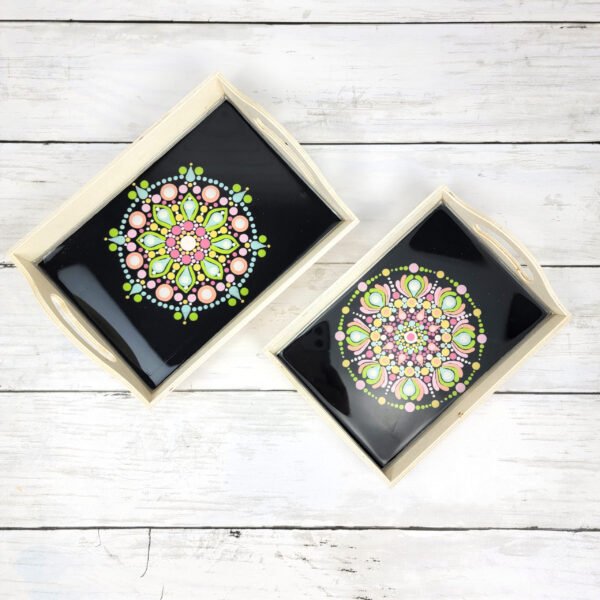 "Mandala" Hand-Painted Wood Tray Set - Image 3
