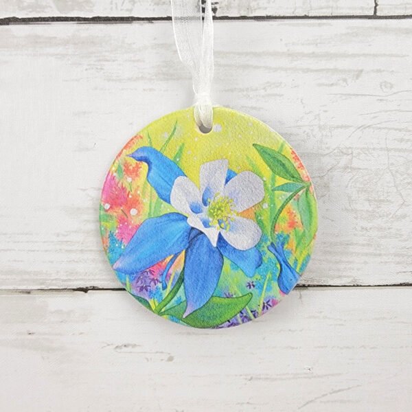 "Neon Blue Columbine" 3 inch Ceramic Art Ornament