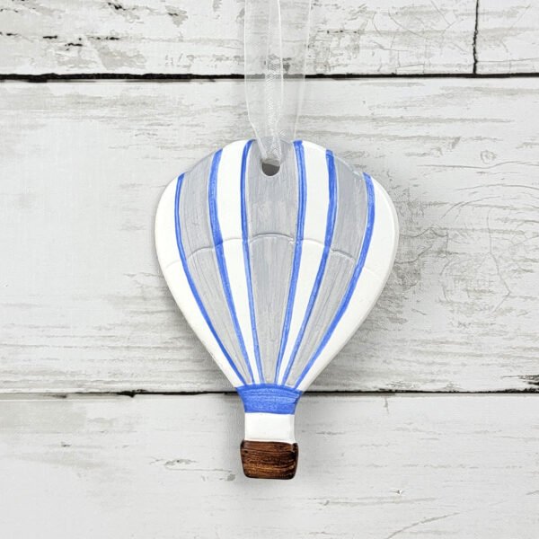 "Grey Striped Hot Air Balloon" Hand Formed Ceramic Ornament - Image 3
