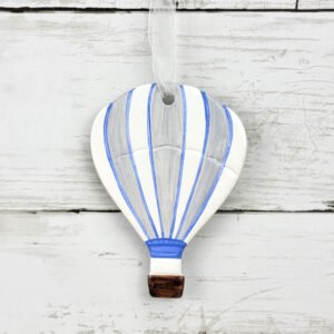 "Grey Striped Hot Air Balloon" Hand Formed Ceramic Ornament