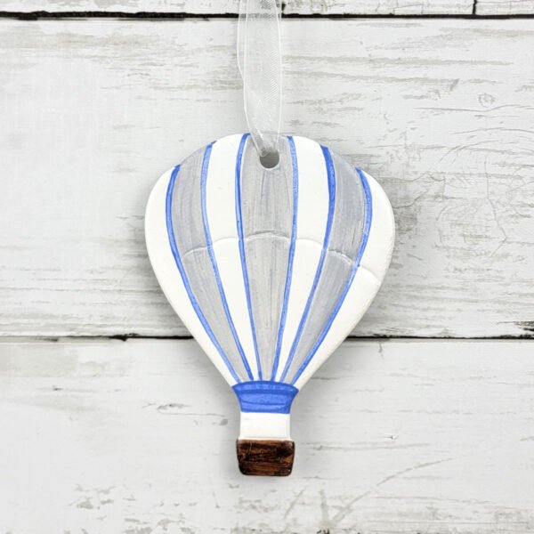"Grey Striped Hot Air Balloon" Hand Formed Ceramic Ornament