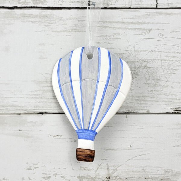 "Grey Striped Hot Air Balloon" Hand Formed Ceramic Ornament - Image 2