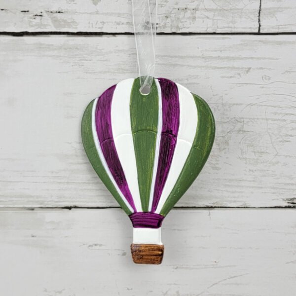 "Green & Purple Striped Hot Air Balloon" Hand Formed Ceramic Ornament - Image 2