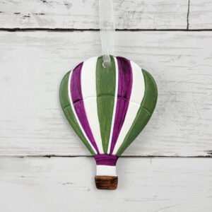 "Green & Purple Striped Hot Air Balloon" Hand Formed Ceramic Ornament