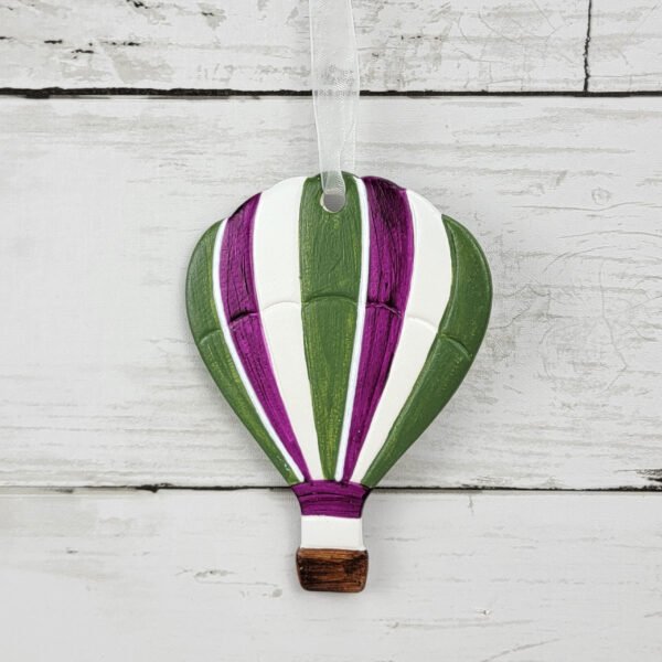 "Green & Purple Striped Hot Air Balloon" Hand Formed Ceramic Ornament