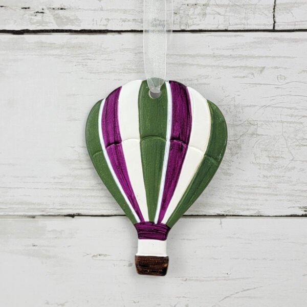 "Green & Purple Striped Hot Air Balloon" Hand Formed Ceramic Ornament - Image 3