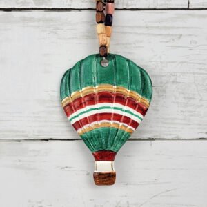 "Red & Green Striped Hot Air Balloon" Hand Formed Ceramic Ornament