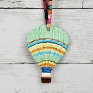 "Green, Blue Striped Hot Air Balloon" Hand Formed Ceramic Ornament