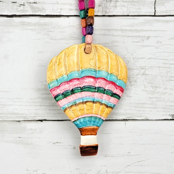"Yellow, Pink Striped Hot Air Balloon" Hand Formed Ceramic Ornament - Image 2