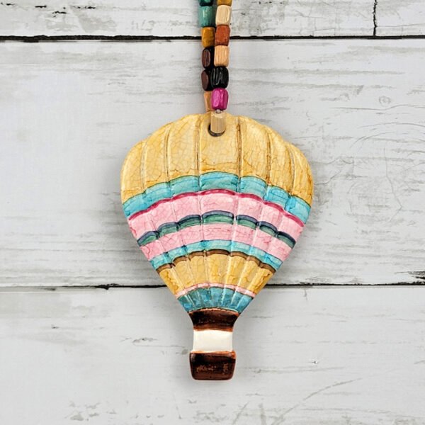 "Yellow, Pink Striped Hot Air Balloon" Hand Formed Ceramic Ornament - Image 3