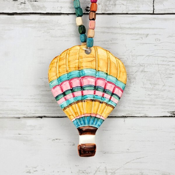 "Yellow, Pink Striped Hot Air Balloon" Hand Formed Ceramic Ornament - Image 4