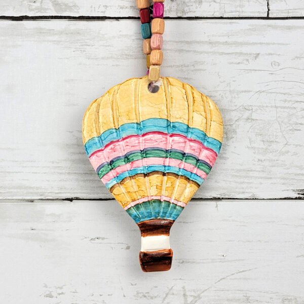 "Yellow, Pink Striped Hot Air Balloon" Hand Formed Ceramic Ornament - Image 5