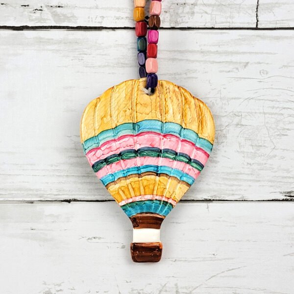 "Yellow, Pink Striped Hot Air Balloon" Hand Formed Ceramic Ornament - Image 7