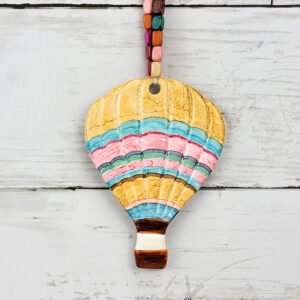 "Yellow, Pink Striped Hot Air Balloon" Hand Formed Ceramic Ornament