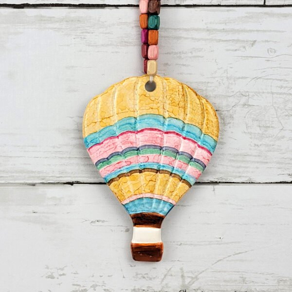 "Yellow, Pink Striped Hot Air Balloon" Hand Formed Ceramic Ornament