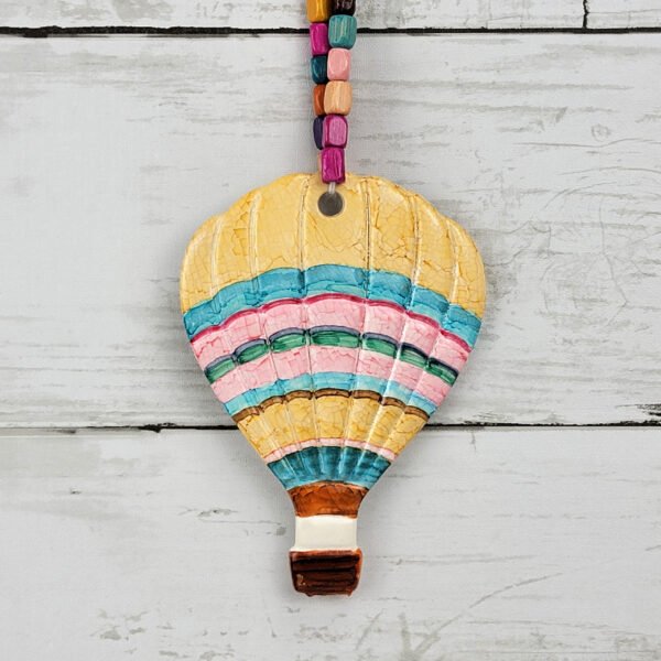 "Yellow, Pink Striped Hot Air Balloon" Hand Formed Ceramic Ornament - Image 8