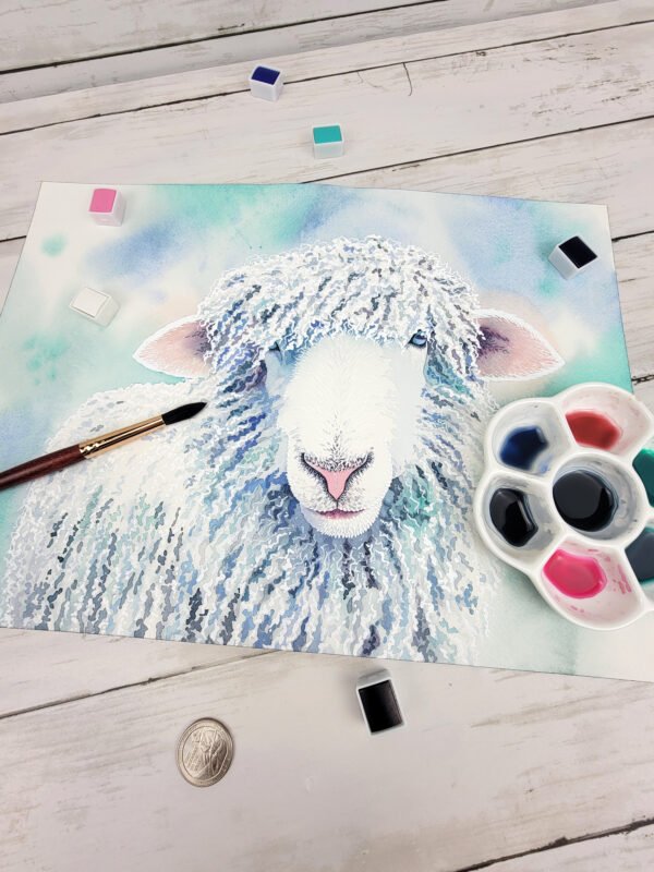 "Too Wool for School" Sheep Watercolor Painting - Image 2