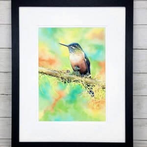 "The Mossy Perch" Hummingbird Watercolor Painting
