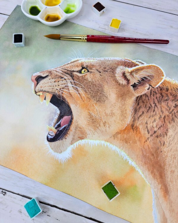 "First Light Fierce Voice" Lioness Watercolor Painting - Image 2
