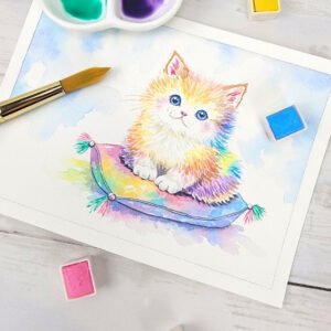 "Rainbow Kitten" Original 5 x 7 Watercolor Painting