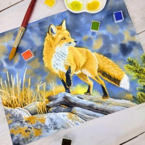 "Fox at Sunset" Original 9 x 12 Watercolor Painting