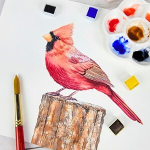 "Red Cardinal on Post" Original 9 x 12 Watercolor Painting